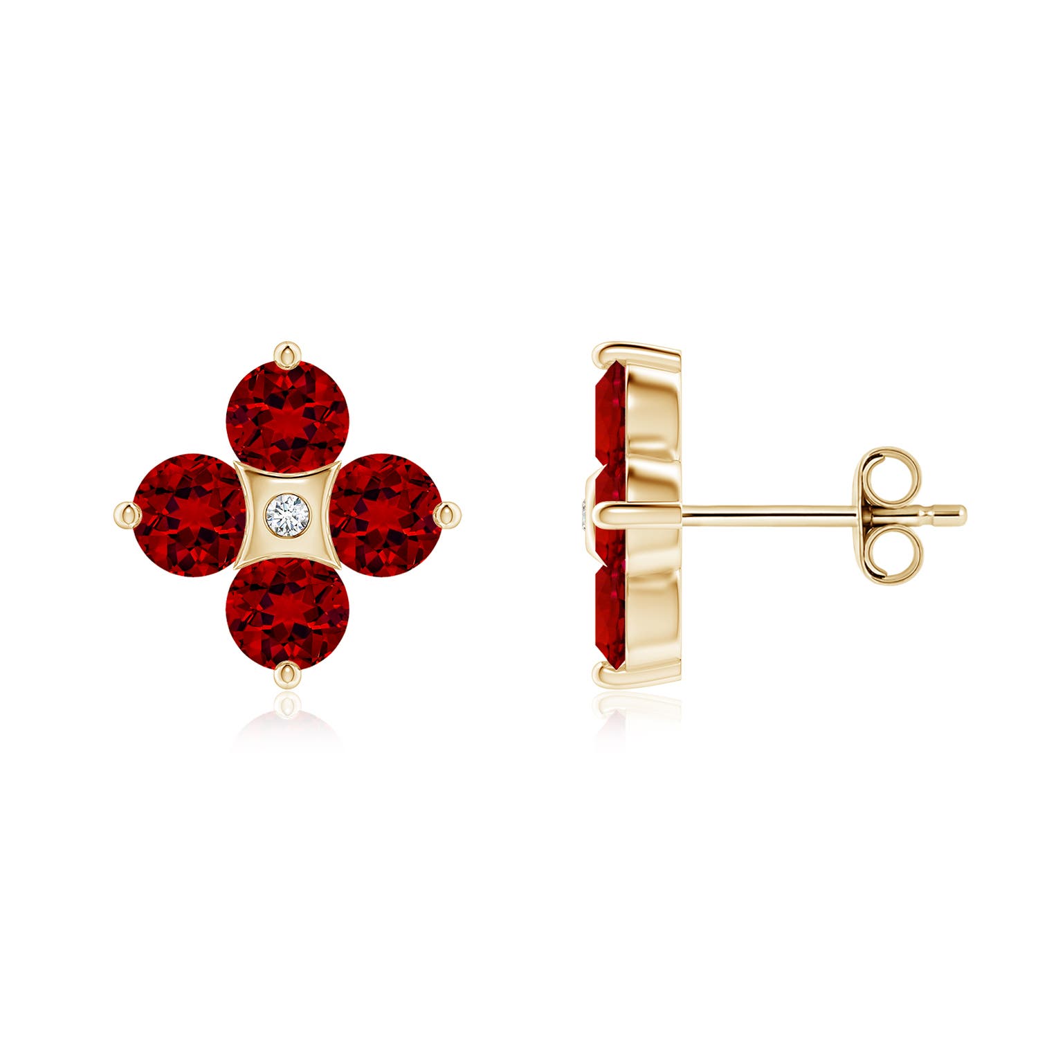 4mm Labgrown Nature Inspired Round Lab-Grown Ruby and Diamond Flower Stud Earrings in 18K Yellow Gold