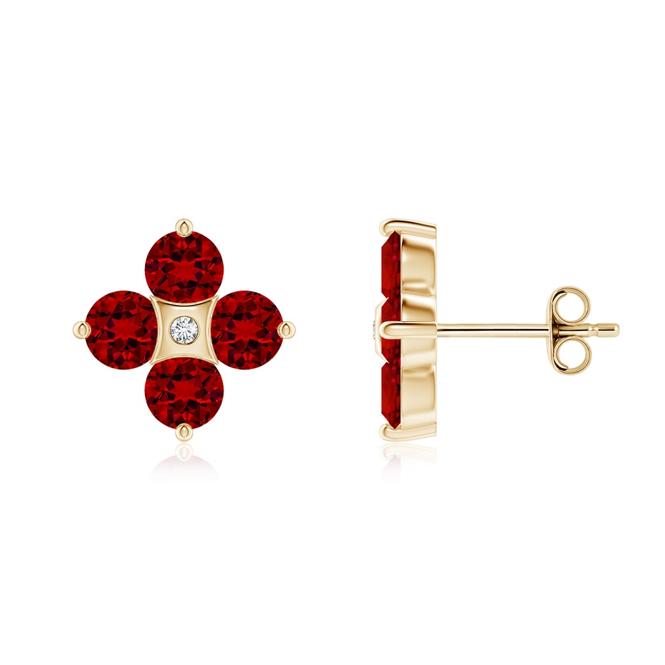 4mm Labgrown Nature Inspired Round Lab-Grown Ruby and Diamond Flower Stud Earrings in Yellow Gold 
