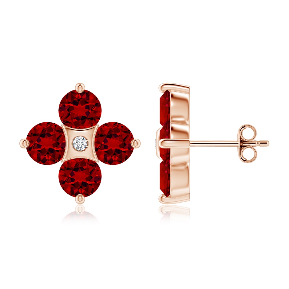 5mm Labgrown Nature Inspired Round Lab-Grown Ruby and Diamond Flower Stud Earrings in Rose Gold 
