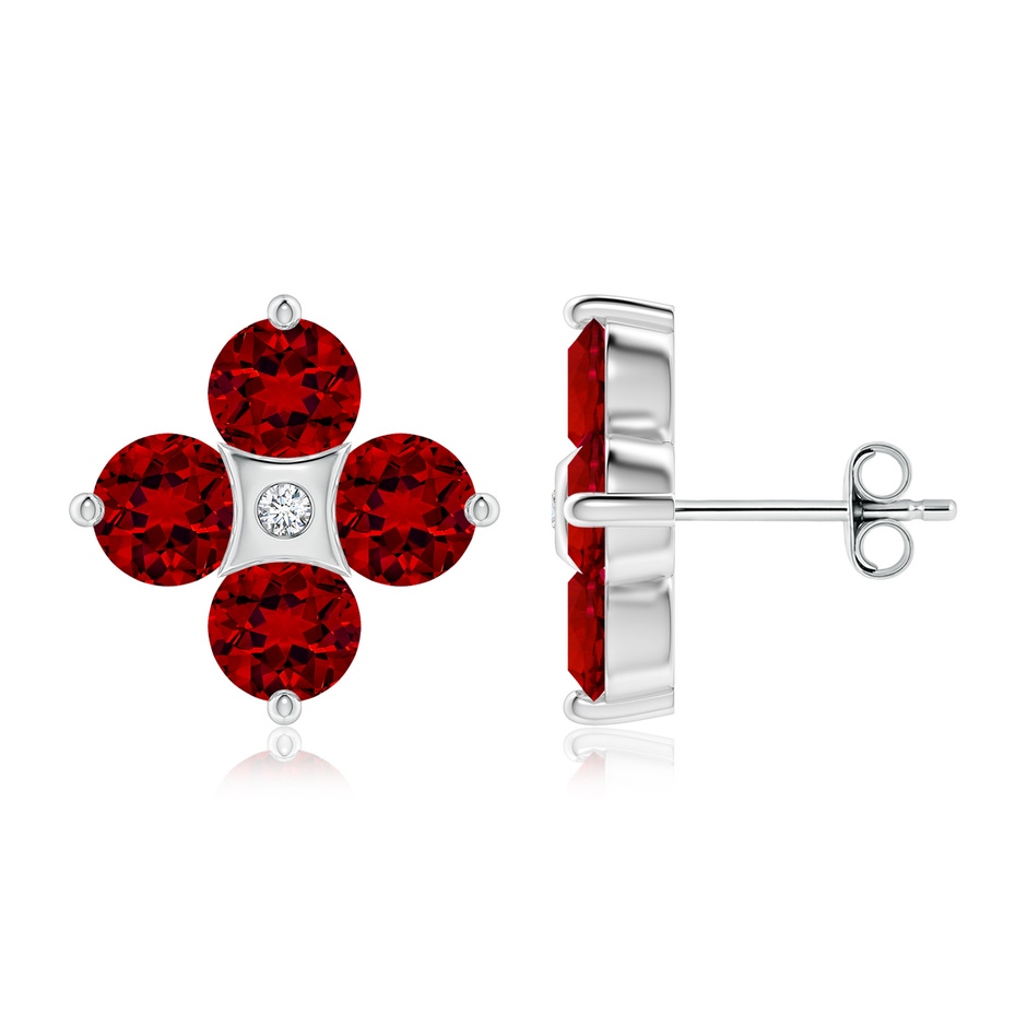 5mm Labgrown Nature Inspired Round Lab-Grown Ruby and Diamond Flower Stud Earrings in White Gold 
