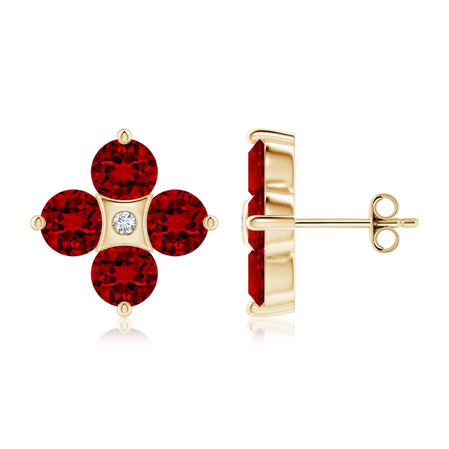5mm Labgrown Nature Inspired Round Lab-Grown Ruby and Diamond Flower Stud Earrings in Yellow Gold