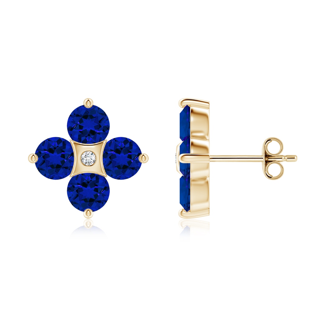 4.5mm Labgrown Nature Inspired Round Lab-Grown Blue Sapphire and Diamond Flower Stud Earrings in Yellow Gold