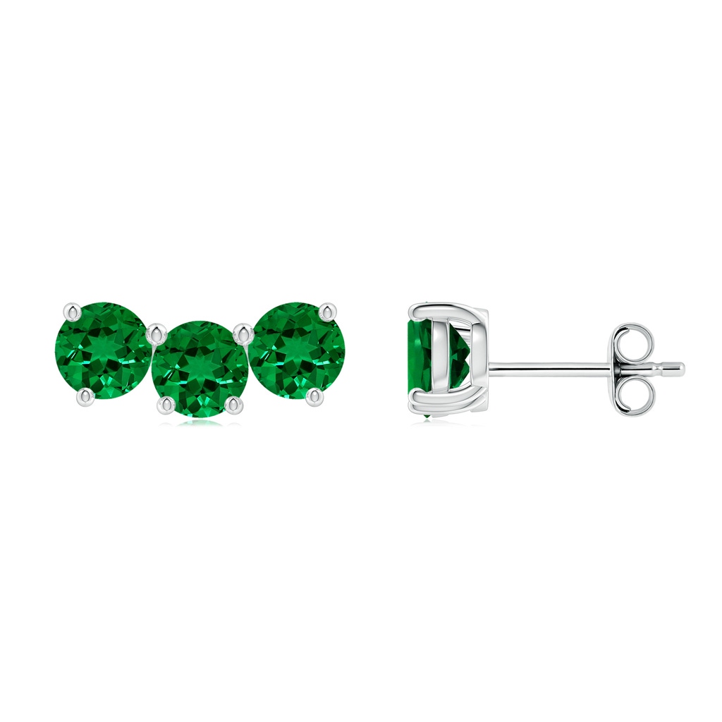 4.5mm Labgrown Prong-Set Round Lab-Grown Emerald Three Stone Stud Earrings in White Gold