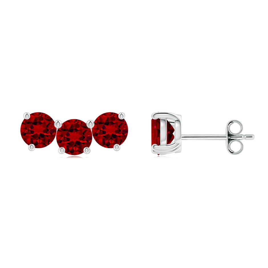 4.5mm Labgrown Prong-Set Round Lab-Grown Ruby Three Stone Stud Earrings in 18K White Gold 