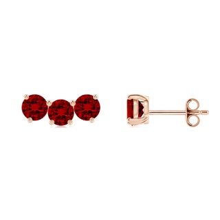 4mm Labgrown Prong-Set Round Lab-Grown Ruby Three Stone Stud Earrings in Rose Gold