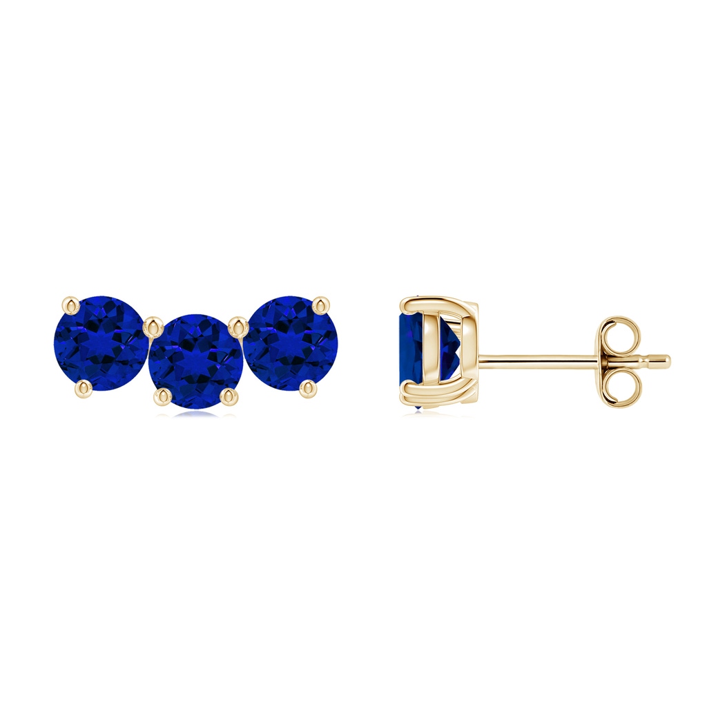 4.5mm Labgrown Prong-Set Round Lab-Grown Blue Sapphire Three Stone Stud Earrings in Yellow Gold