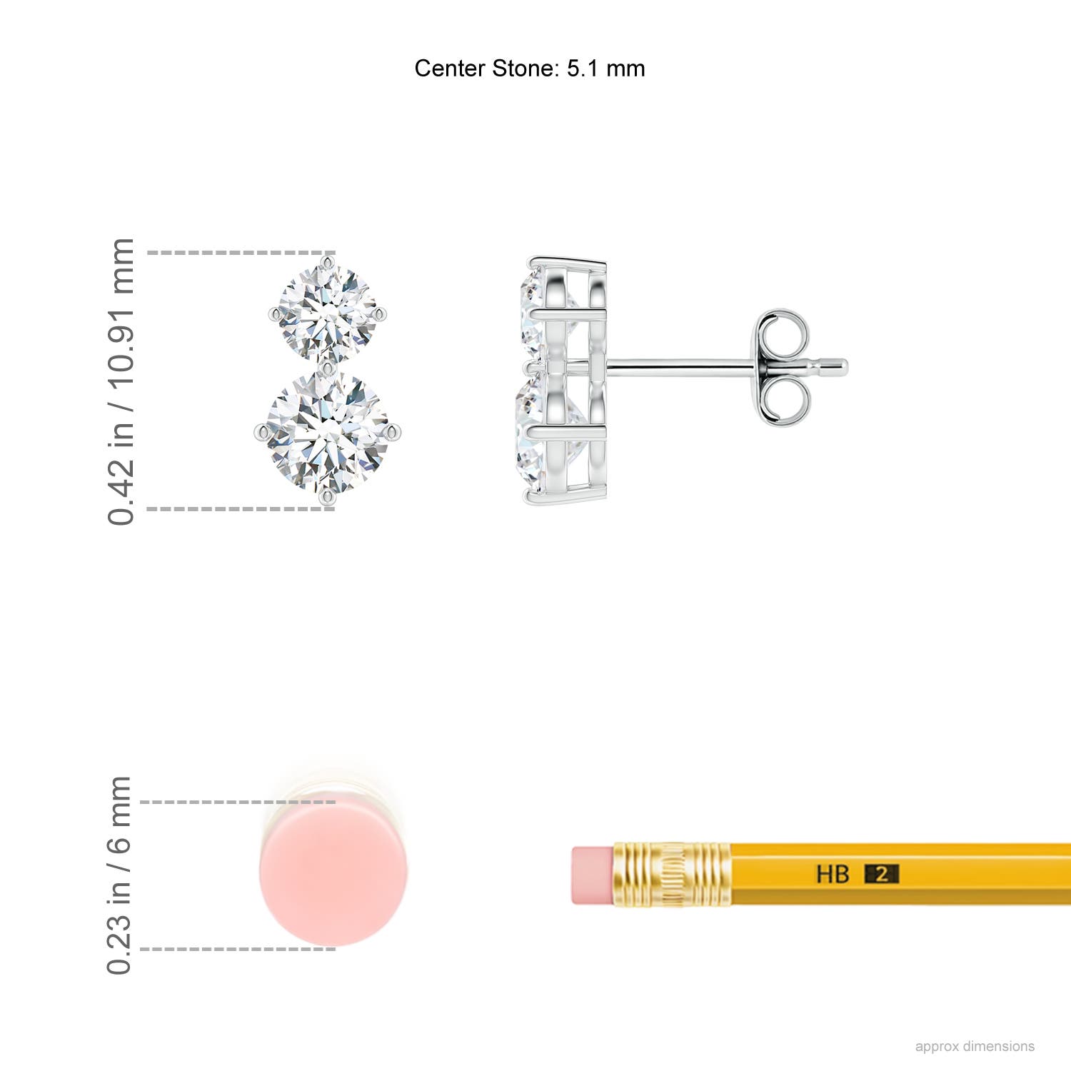 5.1mm FGVS Round Lab-Grown Diamond Two Stone Stud Earrings in White Gold - ruler