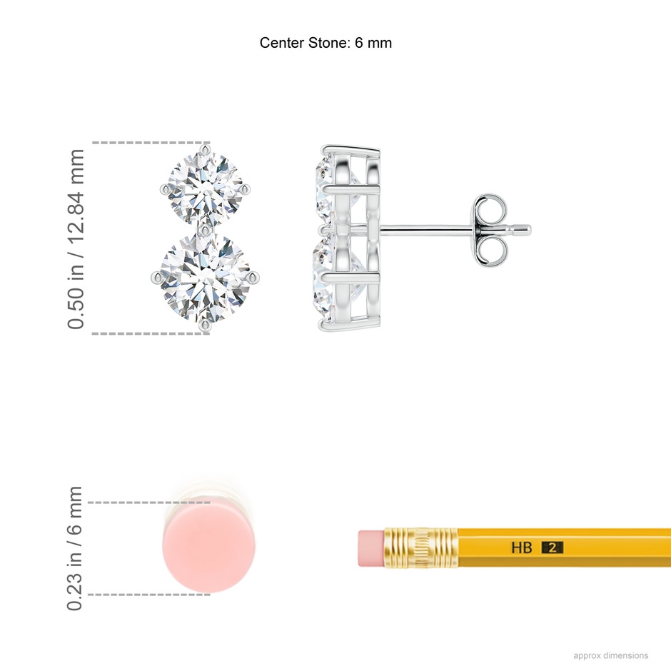 6mm FGVS Round Lab-Grown Diamond Two Stone Stud Earrings in White Gold ruler