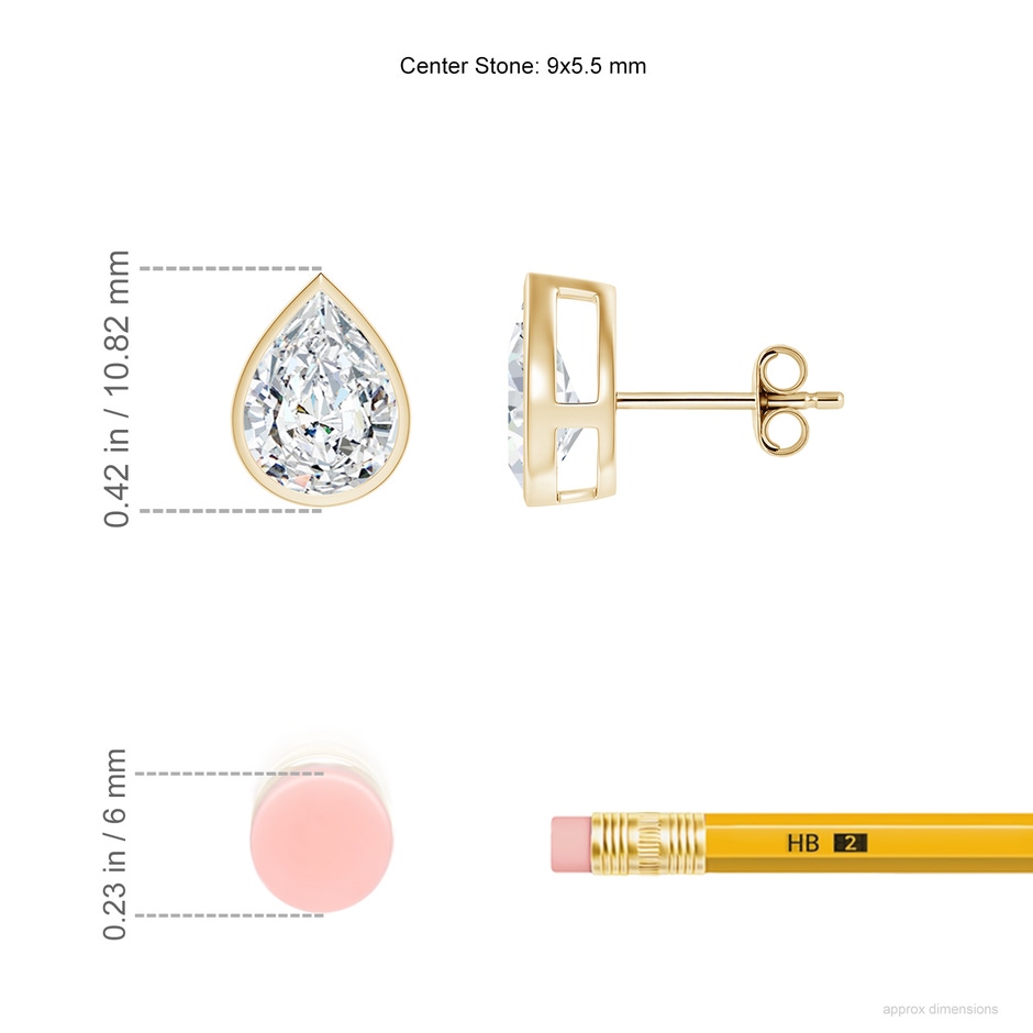 9x5.5mm FGVS Bezel-Set Pear Lab-Grown Diamond Solitaire Stud Earrings in Yellow Gold ruler