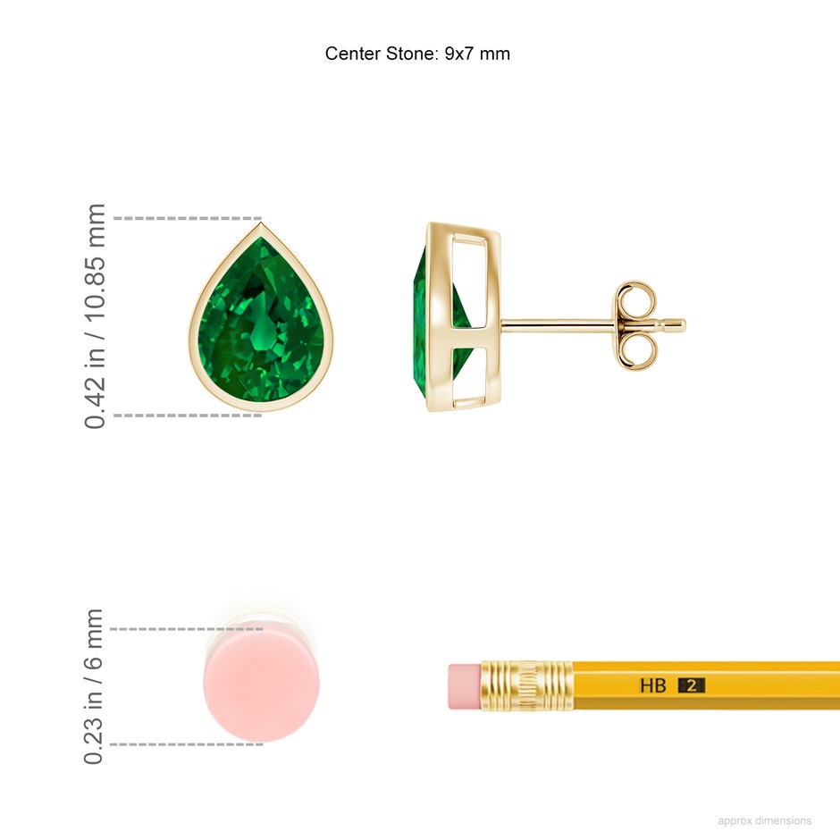 9x7mm Labgrown Bezel-Set Pear Lab-Grown Emerald Solitaire Stud Earrings in 18K Yellow Gold ruler