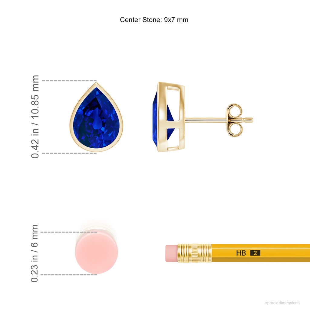9x7mm Labgrown Bezel-Set Pear Lab-Grown Blue Sapphire Solitaire Stud Earrings in Yellow Gold ruler