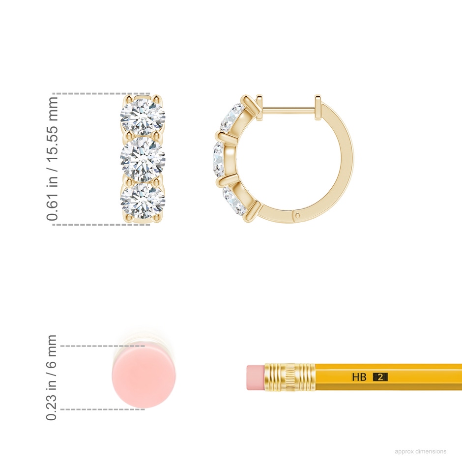 4.5mm FGVS Round Lab-Grown Diamond Three Stone Hoop Earrings in 18K Yellow Gold ruler