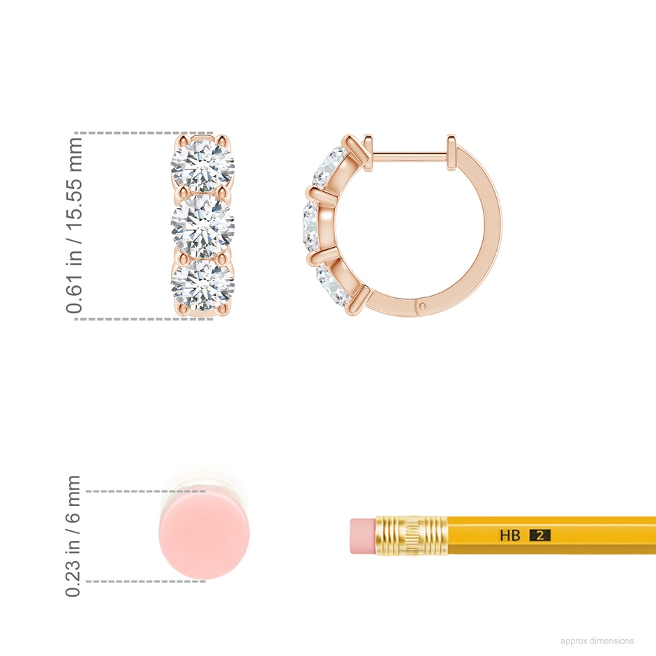 4.5mm FGVS Round Lab-Grown Diamond Three Stone Hoop Earrings in 9K Rose Gold ruler