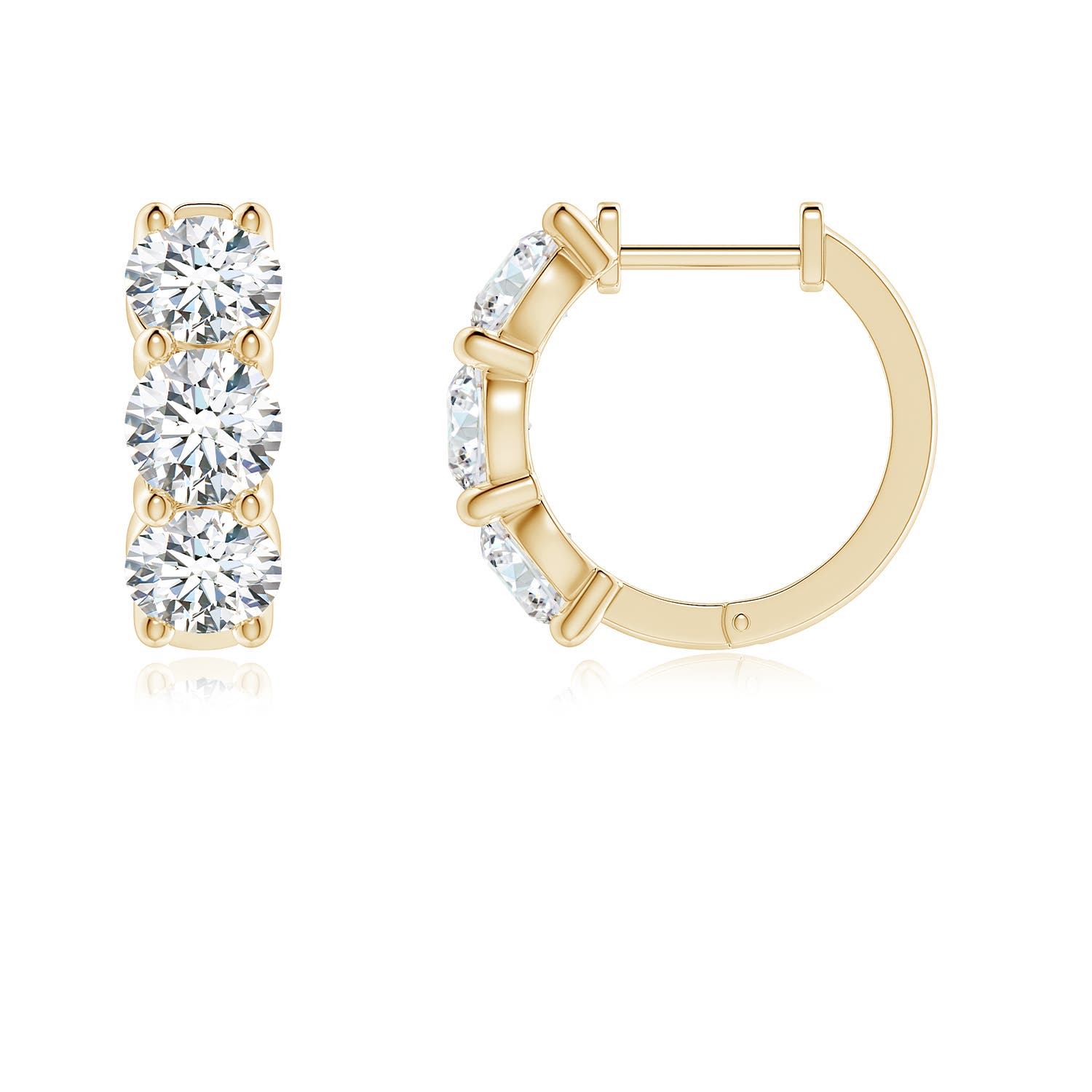 4.5mm FGVS Round Lab-Grown Diamond Three Stone Hoop Earrings in Yellow Gold