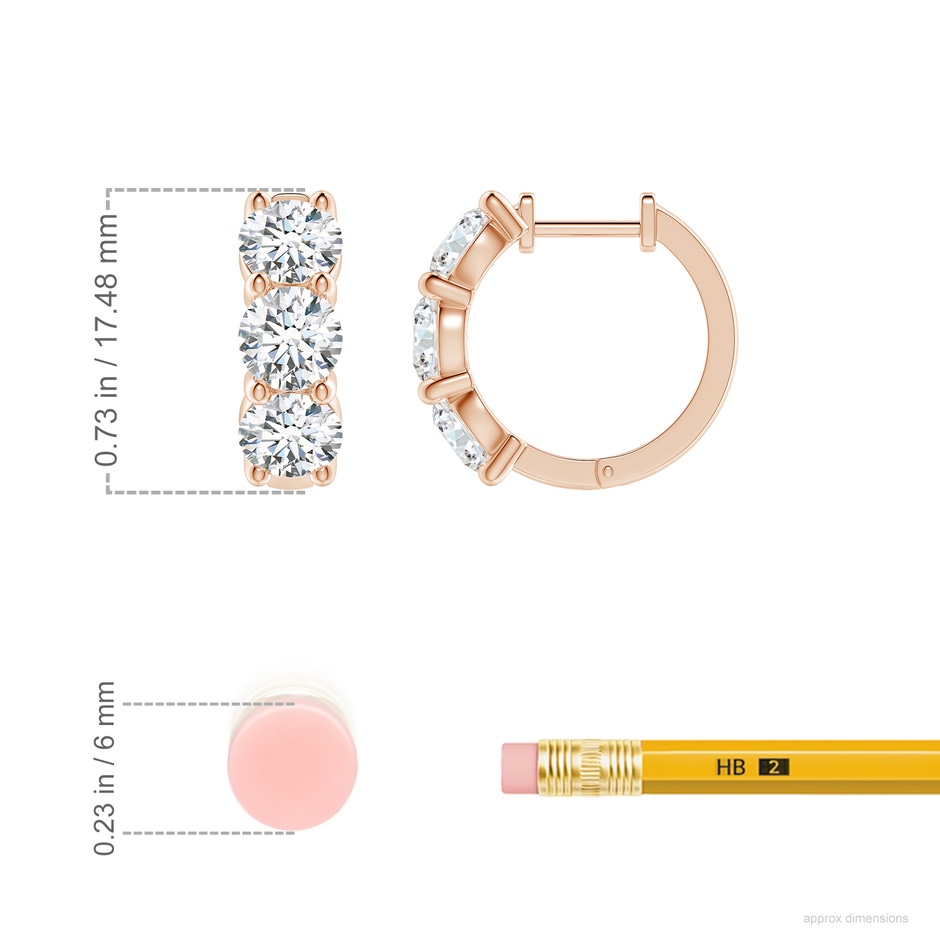 5.1mm FGVS Round Lab-Grown Diamond Three Stone Hoop Earrings in Rose Gold ruler