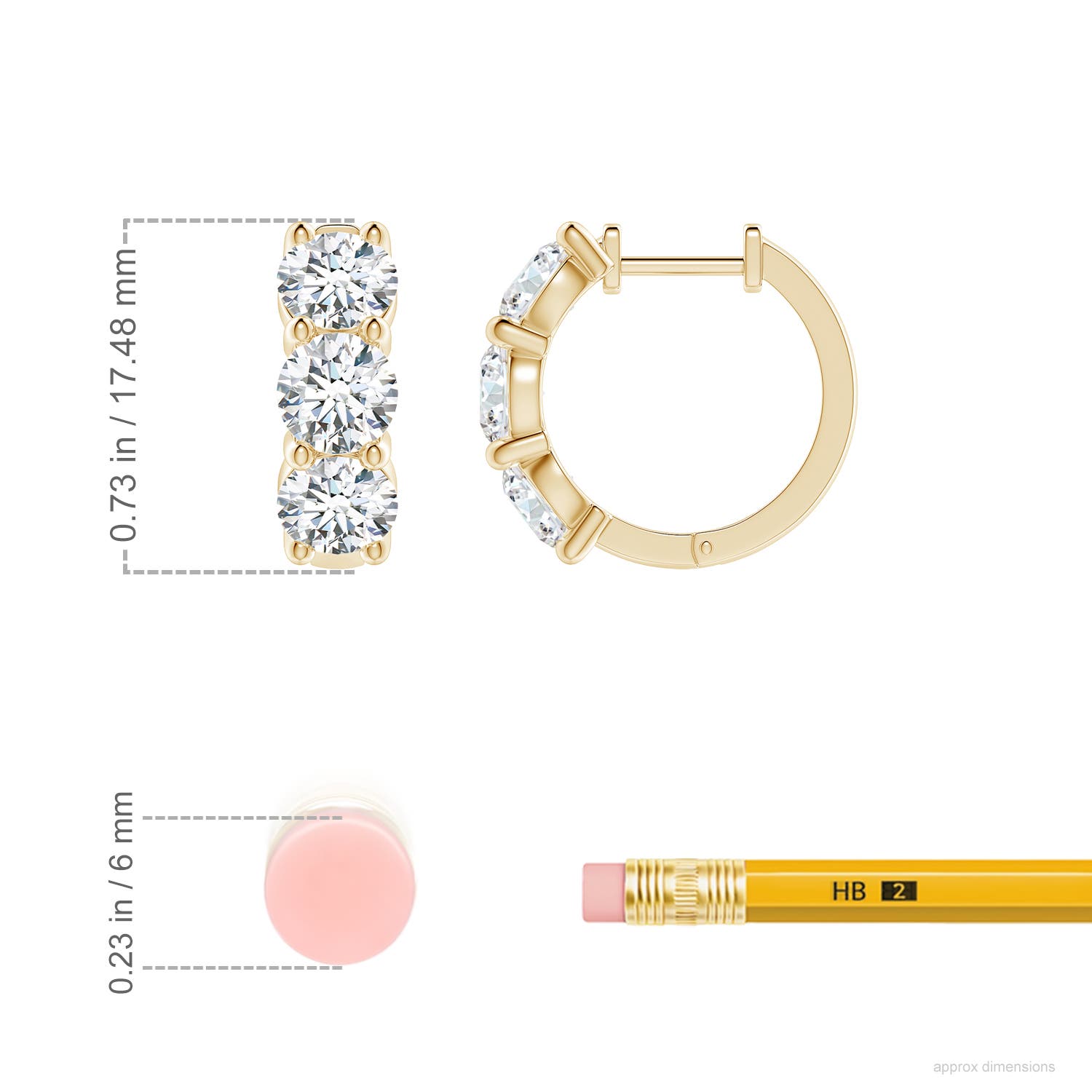 5.1mm FGVS Round Lab-Grown Diamond Three Stone Hoop Earrings in Yellow Gold - ruler