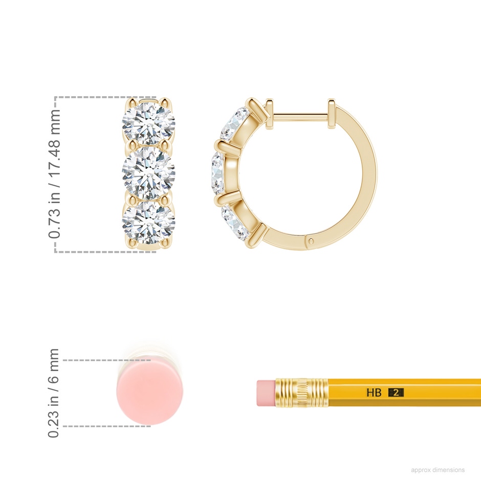 5.1mm FGVS Round Lab-Grown Diamond Three Stone Hoop Earrings in Yellow Gold ruler