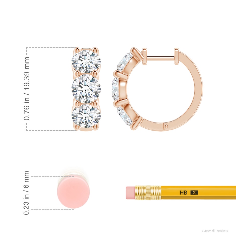 5.7mm FGVS Round Lab-Grown Diamond Three Stone Hoop Earrings in 18K Rose Gold ruler