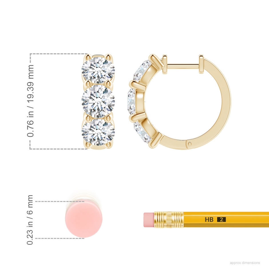5.7mm FGVS Round Lab-Grown Diamond Three Stone Hoop Earrings in 18K Yellow Gold ruler