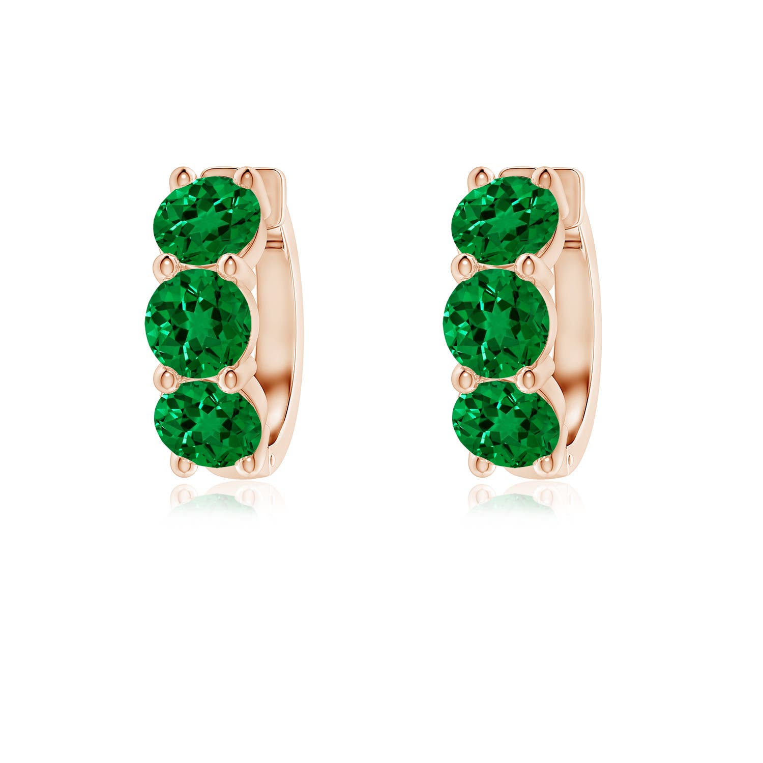4.5mm Labgrown Round Lab-Grown Emerald Three Stone Hoop Earrings in Rose Gold