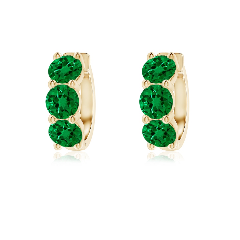 4.5mm Labgrown Round Lab-Grown Emerald Three Stone Hoop Earrings in Yellow Gold 