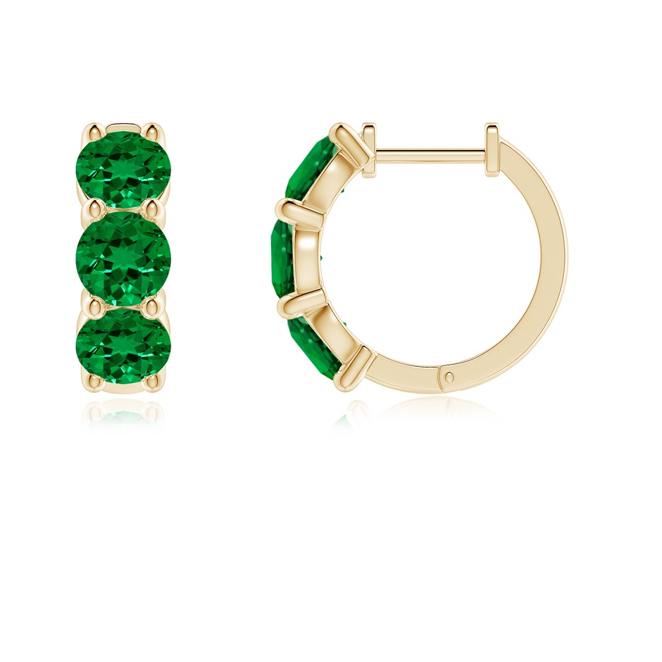 4.5mm Labgrown Round Lab-Grown Emerald Three Stone Hoop Earrings in Yellow Gold side 199