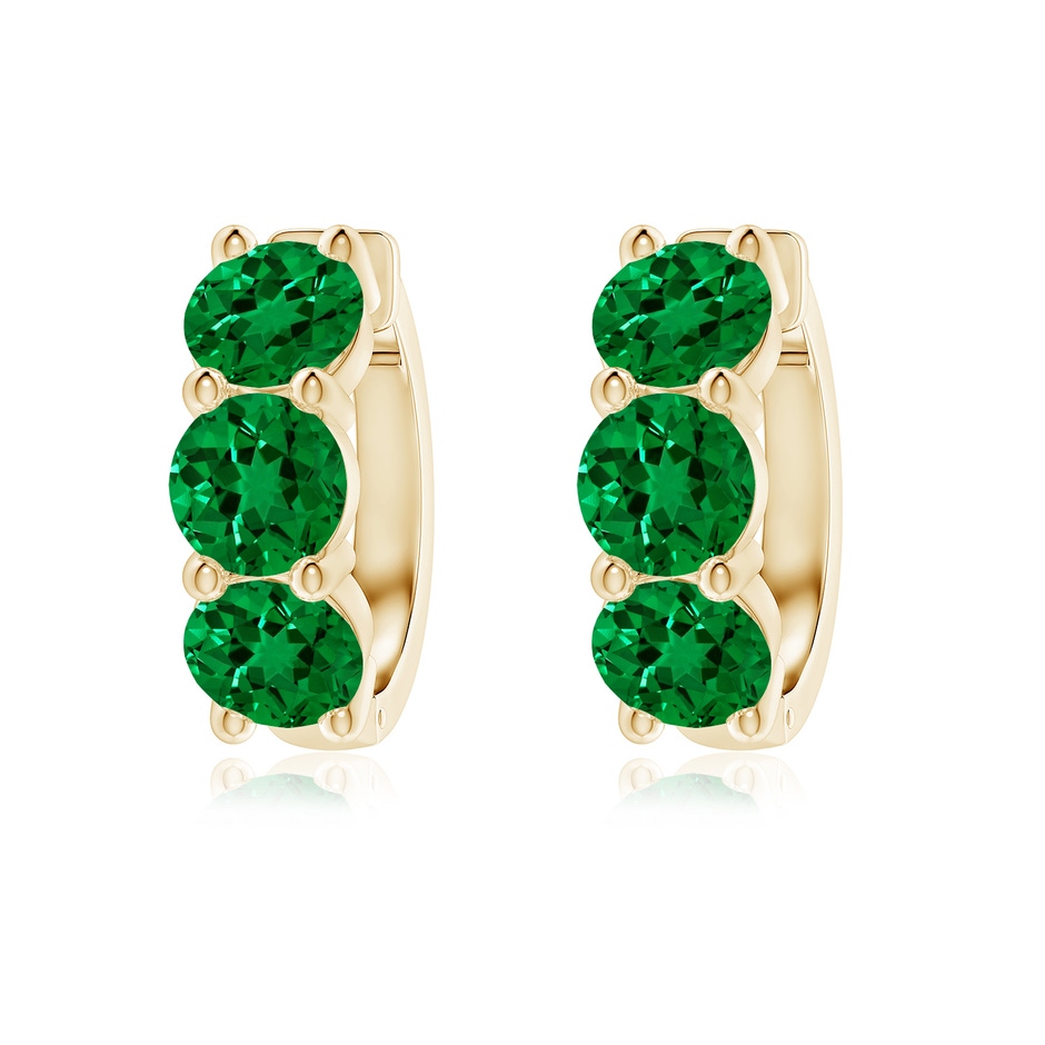 5.5mm Labgrown Round Lab-Grown Emerald Three Stone Hoop Earrings in Yellow Gold 