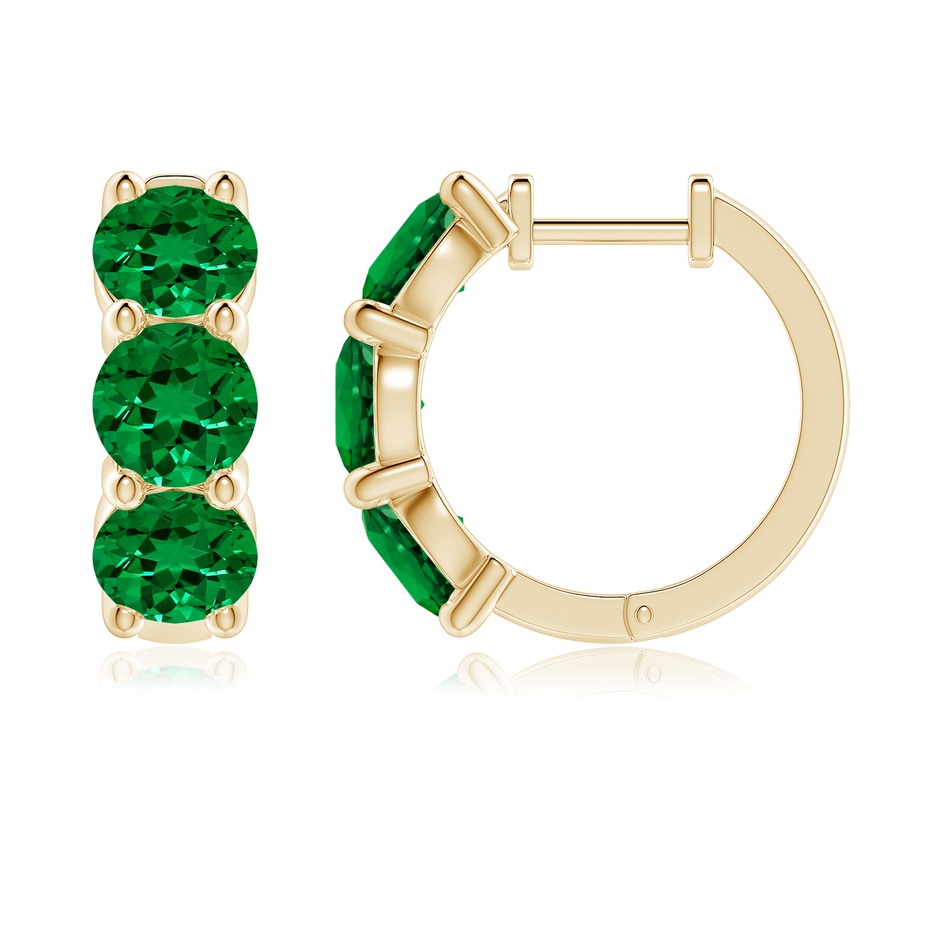 5.5mm Labgrown Round Lab-Grown Emerald Three Stone Hoop Earrings in Yellow Gold side 199
