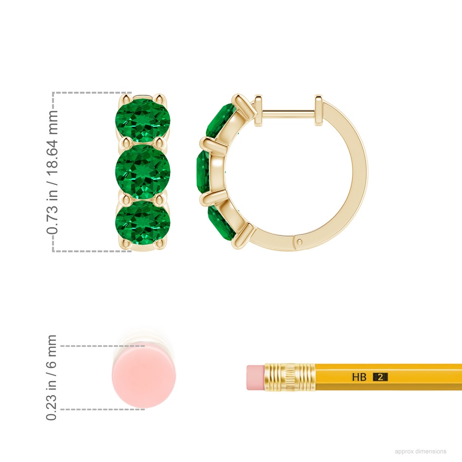 5.5mm Labgrown Round Lab-Grown Emerald Three Stone Hoop Earrings in Yellow Gold ruler