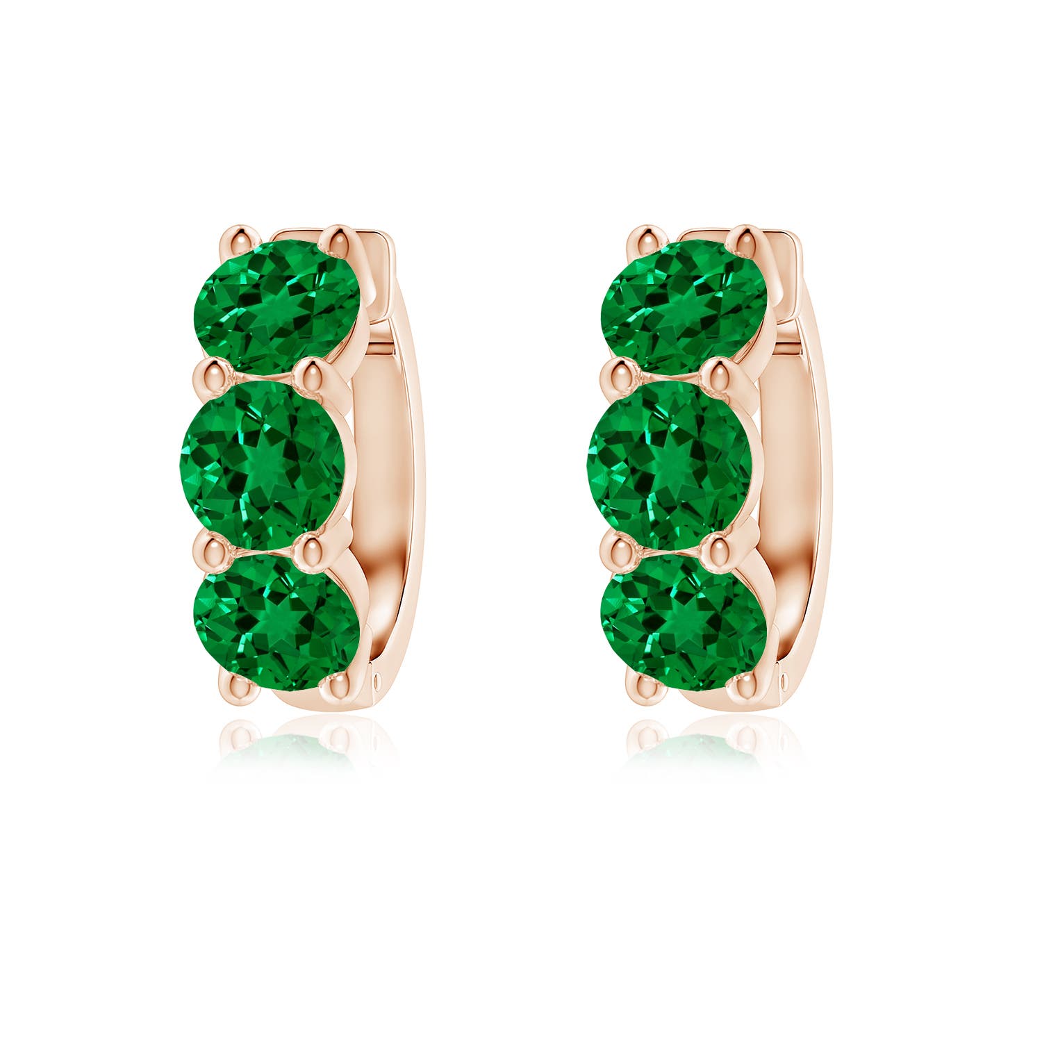 5mm Labgrown Round Lab-Grown Emerald Three Stone Hoop Earrings in 18K Rose Gold