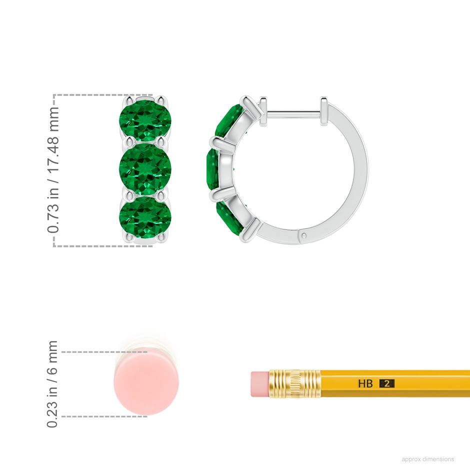 5mm Labgrown Round Lab-Grown Emerald Three Stone Hoop Earrings in 18K White Gold ruler
