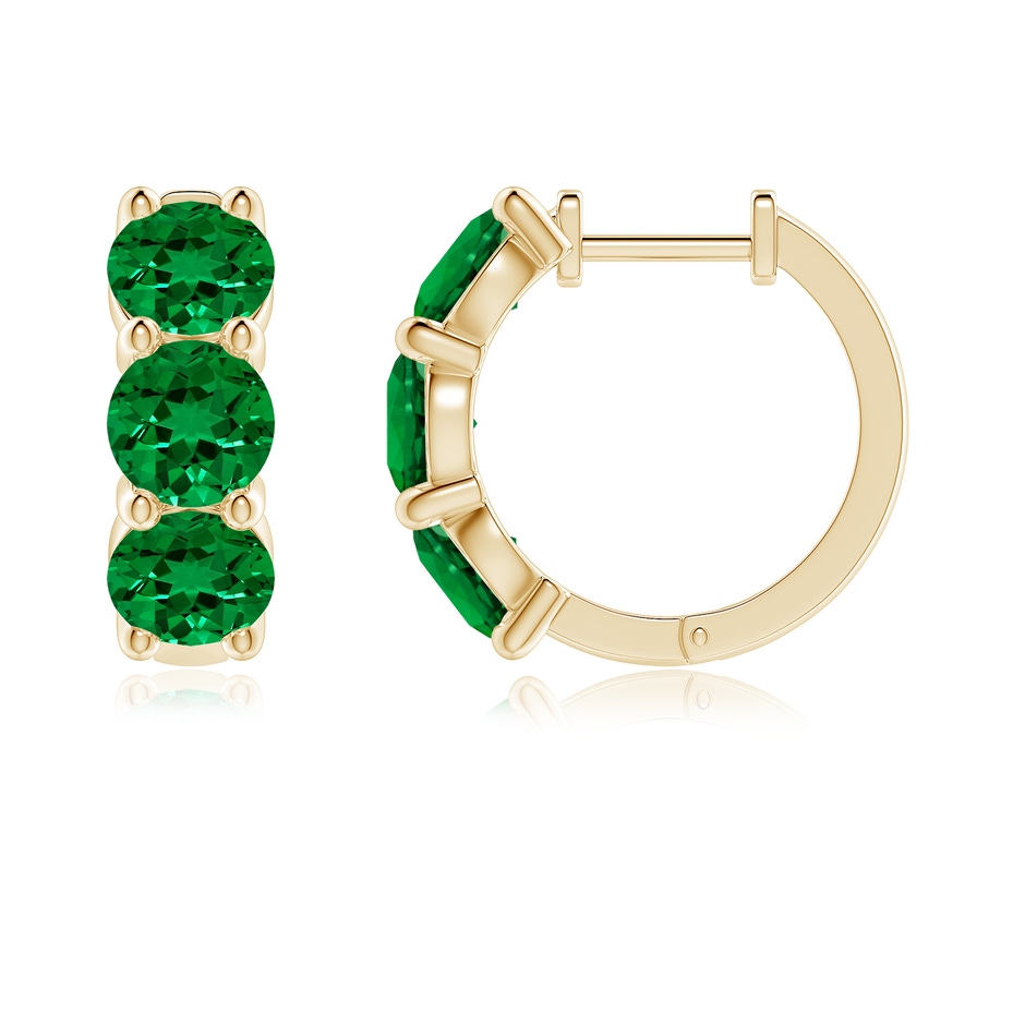 5mm Labgrown Round Lab-Grown Emerald Three Stone Hoop Earrings in 18K Yellow Gold Side 199