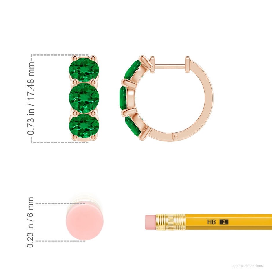 5mm Labgrown Round Lab-Grown Emerald Three Stone Hoop Earrings in Rose Gold ruler