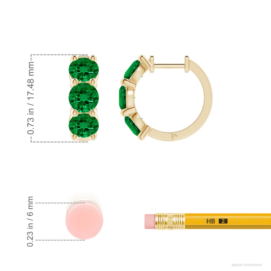 5mm Labgrown Round Lab-Grown Emerald Three Stone Hoop Earrings in Yellow Gold ruler