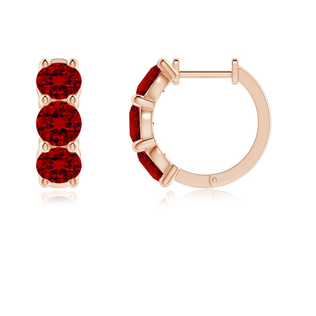4.5mm Labgrown Round Lab-Grown Ruby Three Stone Hoop Earrings in Rose Gold - side 199