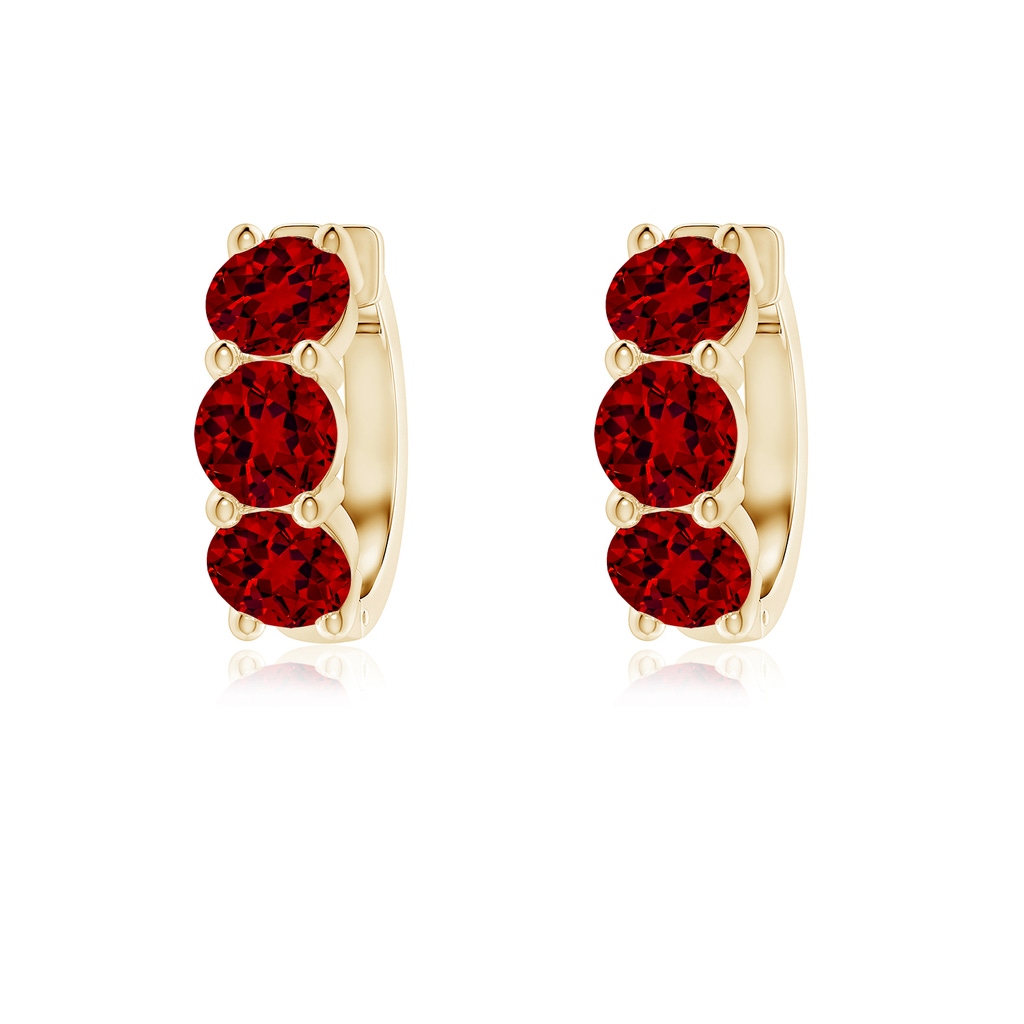 4.5mm Labgrown Round Lab-Grown Ruby Three Stone Hoop Earrings in Yellow Gold
