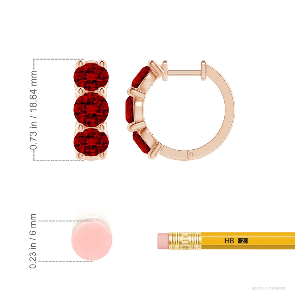 5.5mm Labgrown Round Lab-Grown Ruby Three Stone Hoop Earrings in 18K Rose Gold ruler