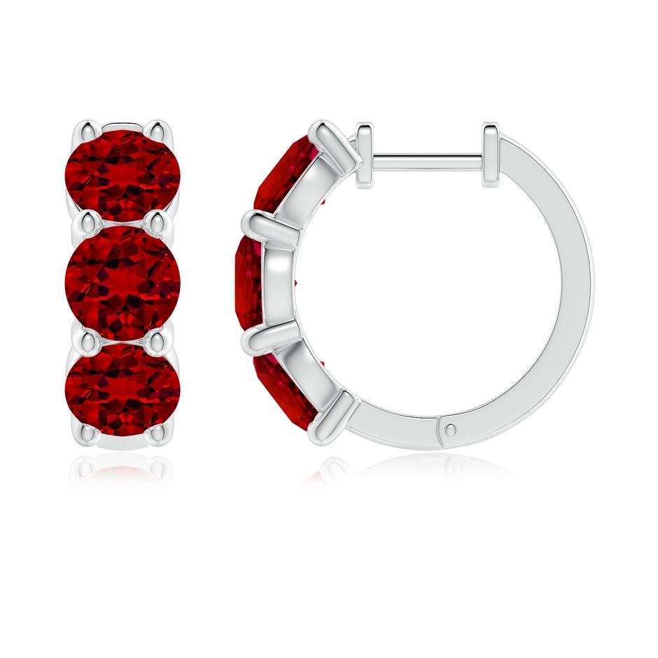 5.5mm Labgrown Round Lab-Grown Ruby Three Stone Hoop Earrings in 18K White Gold side 199