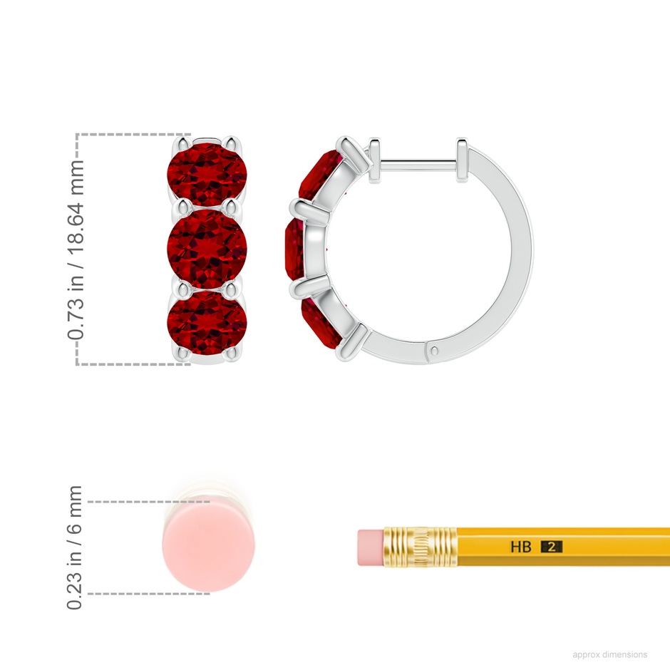 5.5mm Labgrown Round Lab-Grown Ruby Three Stone Hoop Earrings in 18K White Gold ruler