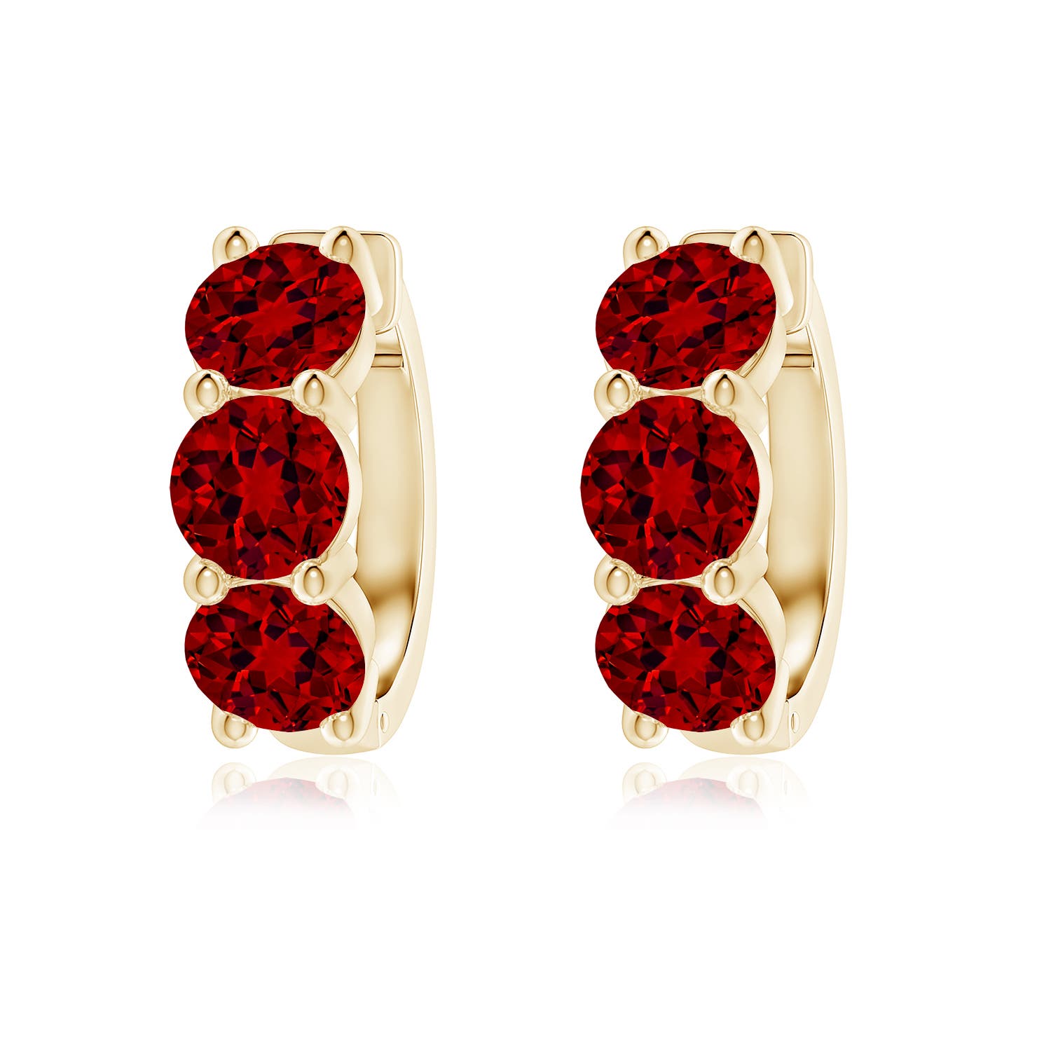5.5mm Labgrown Round Lab-Grown Ruby Three Stone Hoop Earrings in Yellow Gold