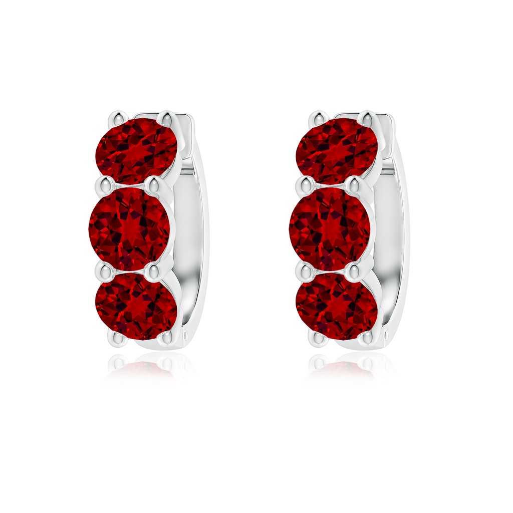 5mm Labgrown Round Lab-Grown Ruby Three Stone Hoop Earrings in 18K White Gold