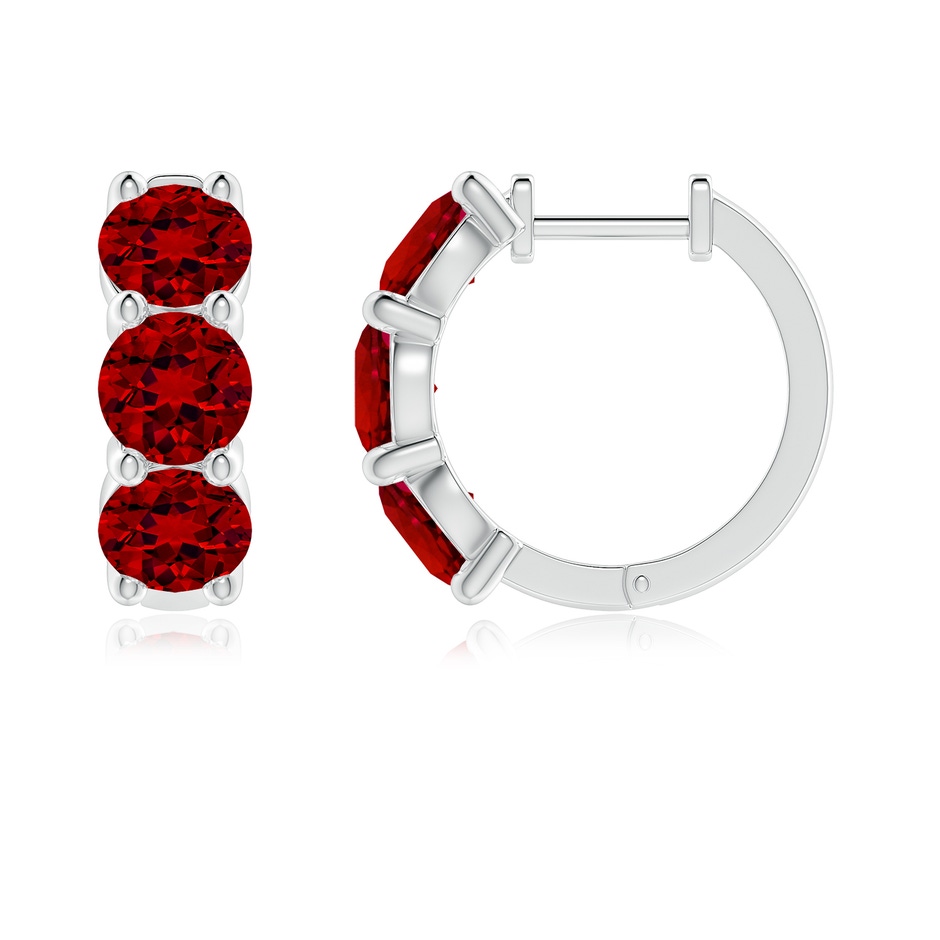 5mm Labgrown Round Lab-Grown Ruby Three Stone Hoop Earrings in 18K White Gold Side 199