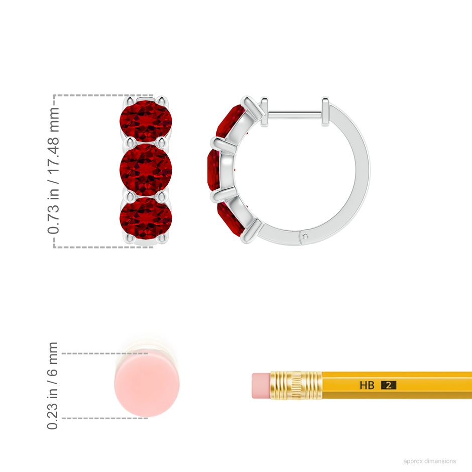 5mm Labgrown Round Lab-Grown Ruby Three Stone Hoop Earrings in 18K White Gold ruler