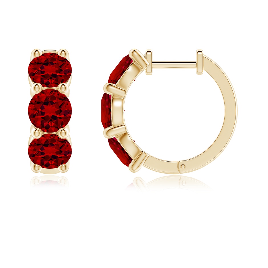 5mm Labgrown Round Lab-Grown Ruby Three Stone Hoop Earrings in Yellow Gold side 199