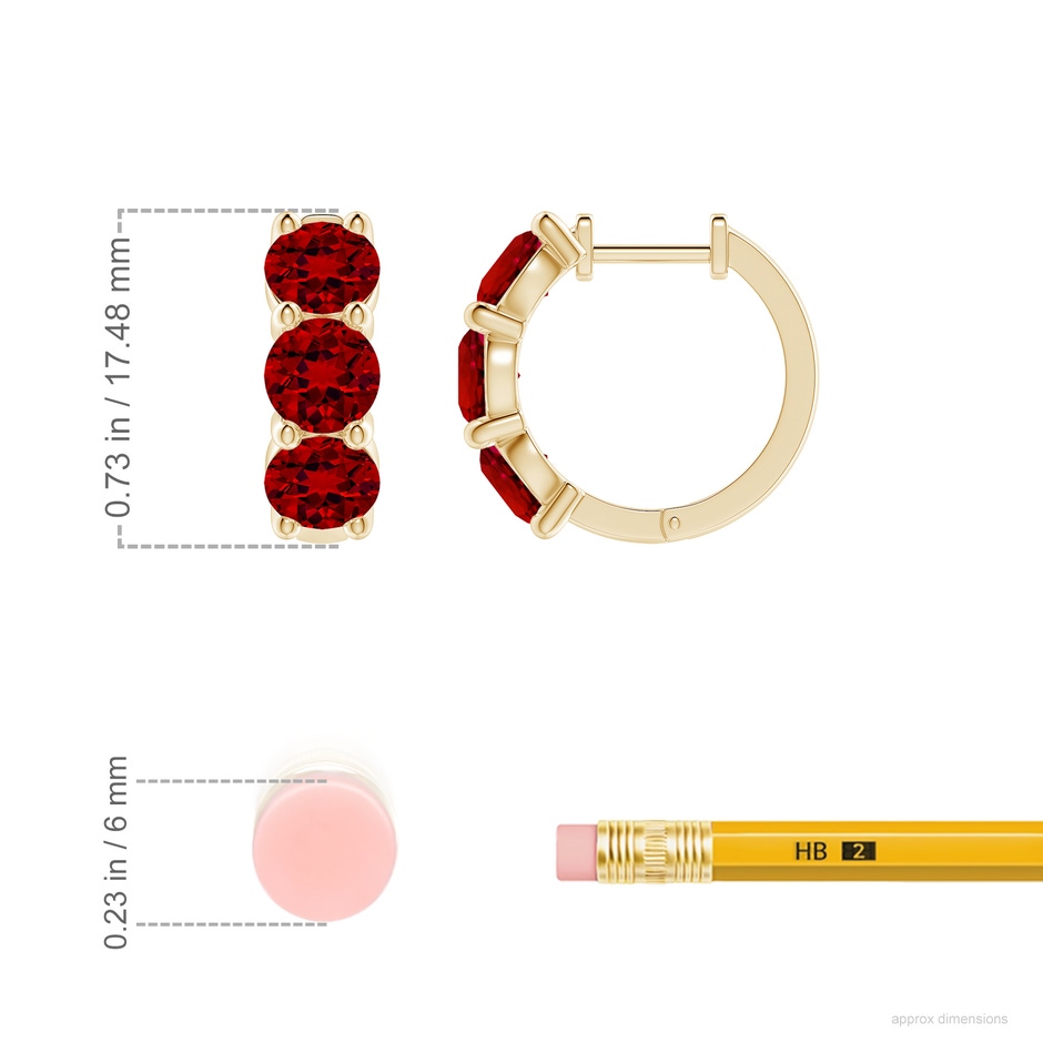 5mm Labgrown Round Lab-Grown Ruby Three Stone Hoop Earrings in Yellow Gold ruler