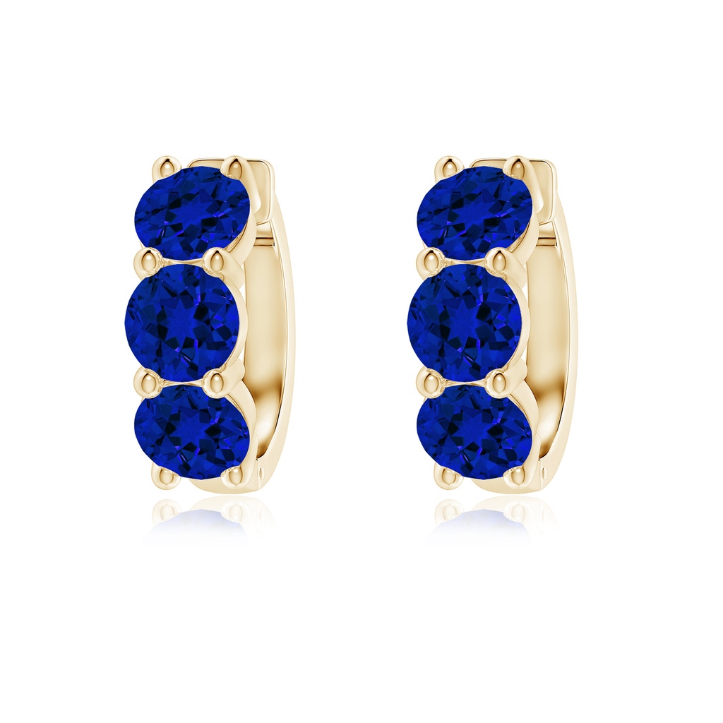 5mm Labgrown Round Lab-Grown Blue Sapphire Three Stone Hoop Earrings in Yellow Gold