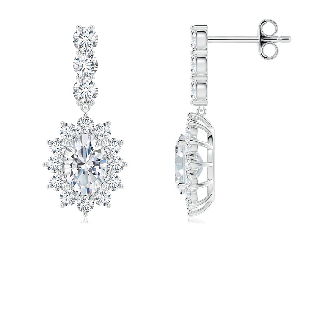 6.5x4.5mm FGVS Oval Lab-Grown Diamond Floral Halo Dangle Earrings in White Gold