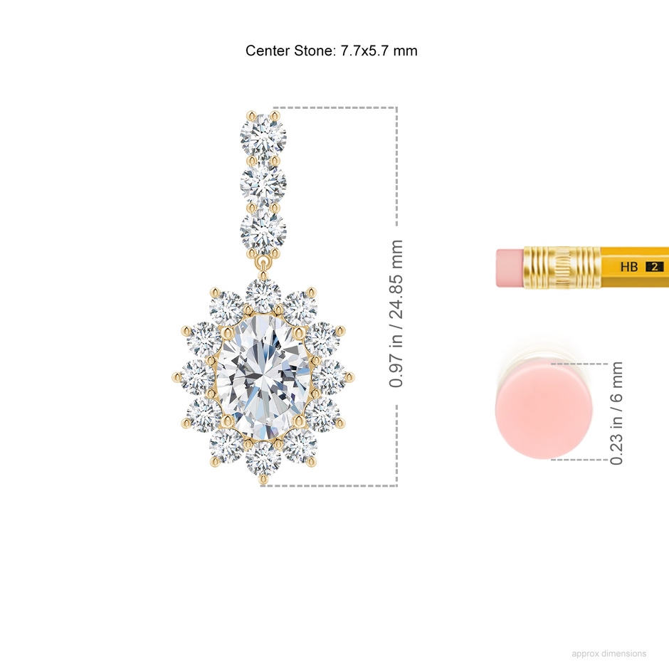 7.7x5.7mm FGVS Oval Lab-Grown Diamond Floral Halo Dangle Earrings in Yellow Gold ruler