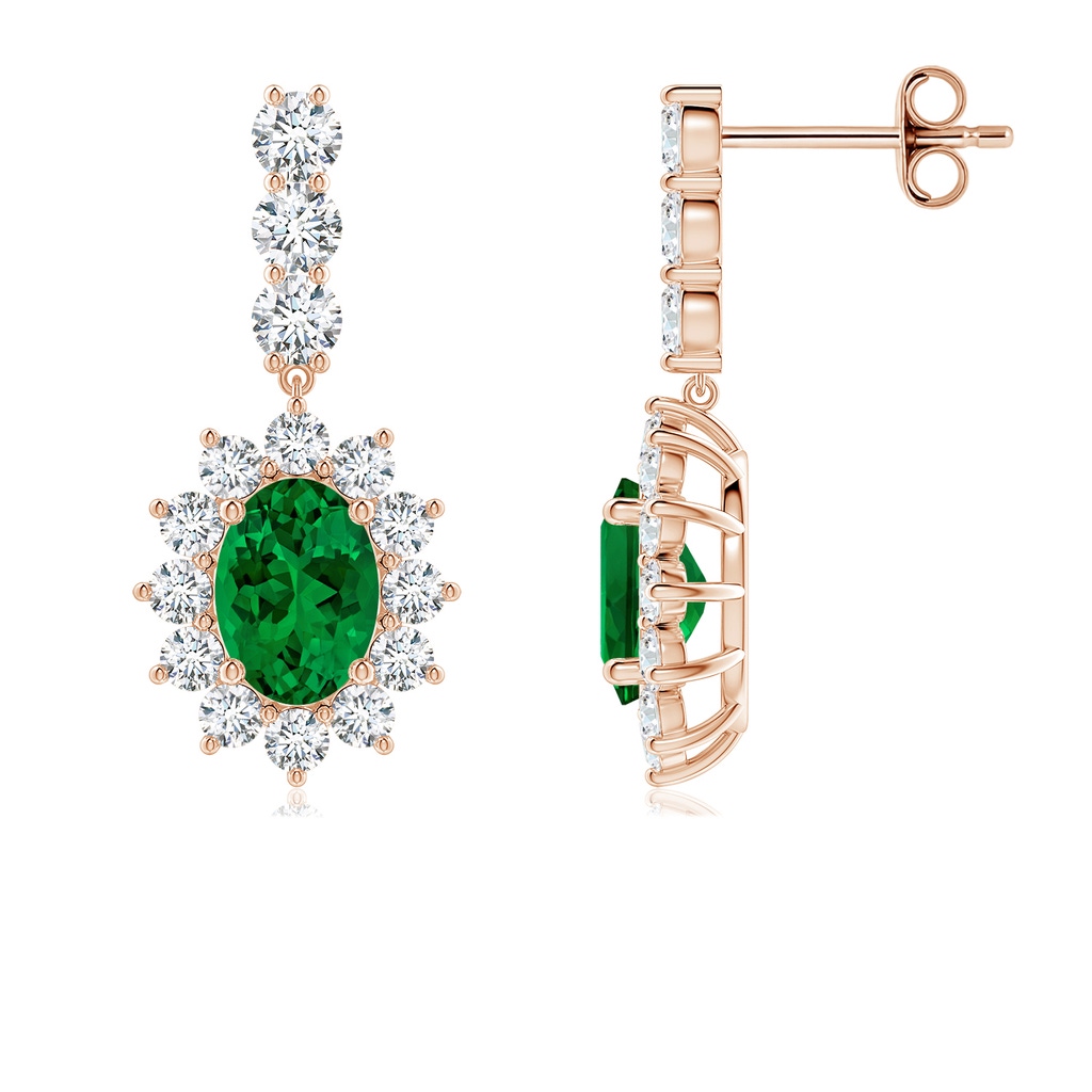 7x5mm Labgrown Oval Lab-Grown Emerald Floral Halo Dangle Earrings in Rose Gold