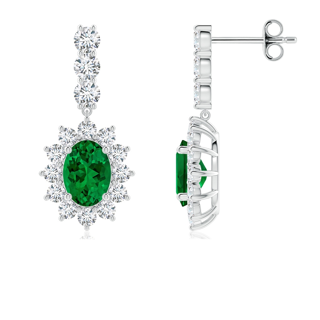 7x5mm Labgrown Oval Lab-Grown Emerald Floral Halo Dangle Earrings in White Gold